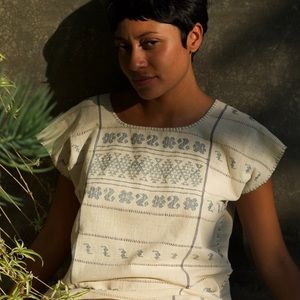 Luz Collection “La Lucita” blouse huipil in cream and blue handmade in Mexico